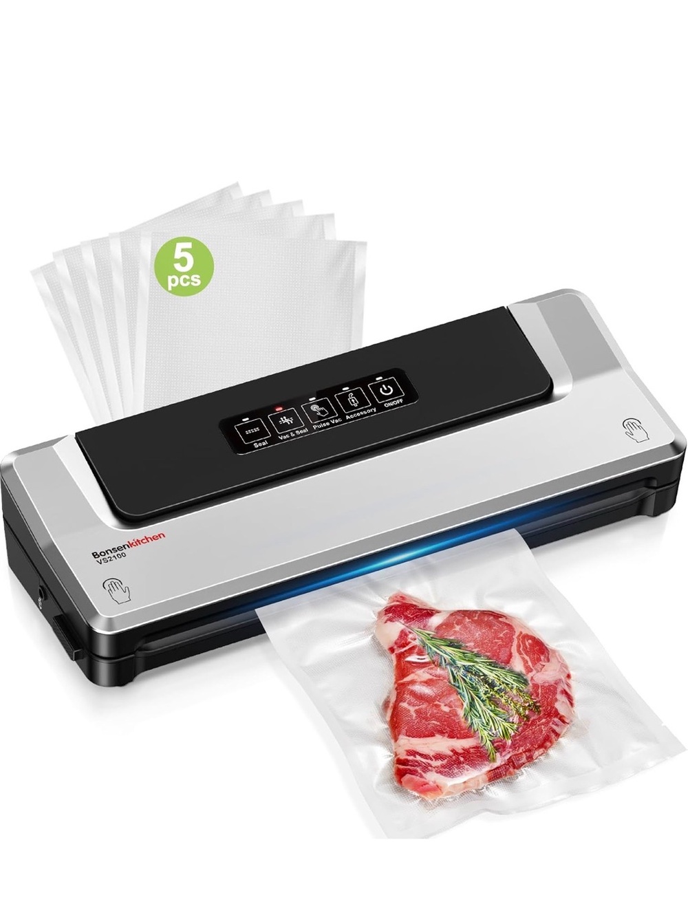 Bonsenkitchen Vacuum Sealer Machine 5 Bags Compact Food Sealer Silver NWT
